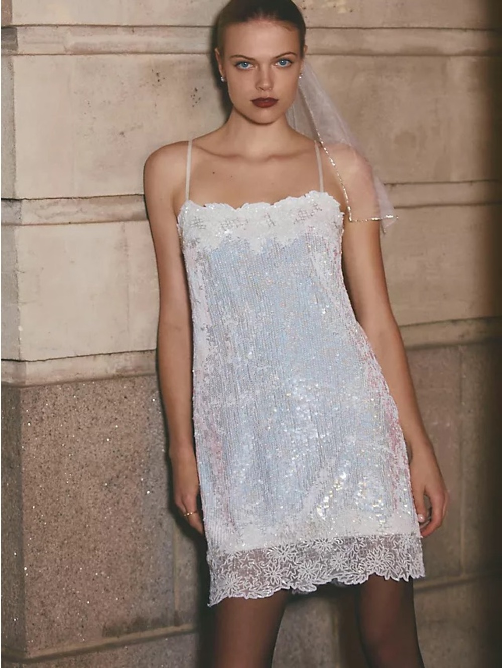 BHLDN Audrey Adele White Sequin Lace Slip Dress